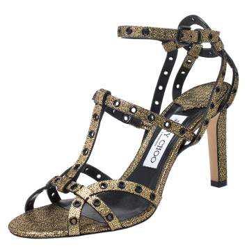 Pre Owned Jimmy Choo Metallic Gold Cracked Leather Beverly 105 Eyelet Strappy Sandals Size 38