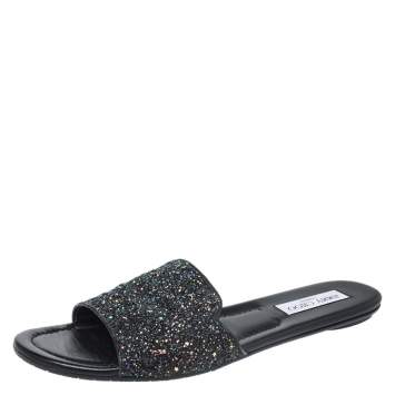 Pre Owned Jimmy Choo Black Twilight Glitter Fabric Joni Slide Flats Size 42
