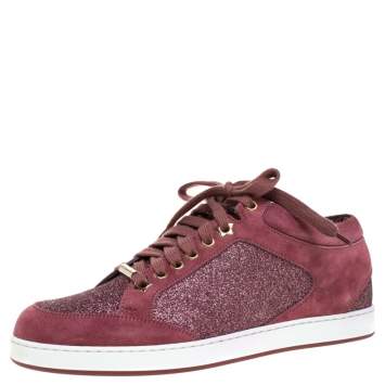 Pre Owned Jimmy Choo Pink Glitter And Suede Miami Lace Up Sneakers Size 38