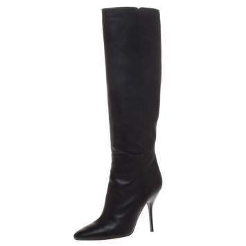 Pre Owned Jimmy Choo Black Leather Drape Knee Length Boots Size 37.5