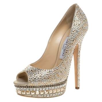 Pre Owned Jimmy Choo Crystal Embellished Leather Kendall Platform Pumps Size 37