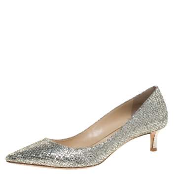 Pre Owned Jimmy Choo Metallic Gold Glitter Fabric Aza Kitten Heel Pumps Size 39