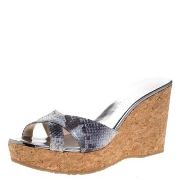Pre Owned Jimmy Choo Grey Snake Embossed Leather Pandora Cork Wedges Size 41