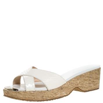 Pre Owned Jimmy Choo White Python Embossed Leather Panna Cork Slides Size 41