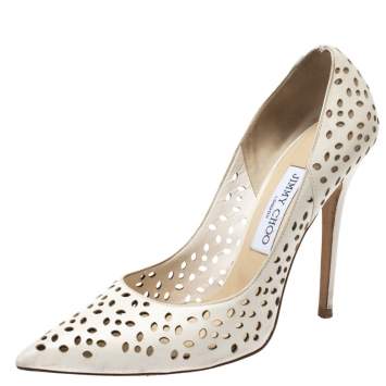 Pre Owned Jimmy Choo White Perforated Leather Anouk Pointed Toe Pumps Size 38.5