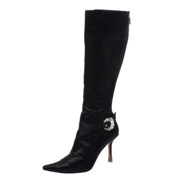 Pre Owned Jimmy Choo Black Crystal Embellished Satin Zip Knee Length  Boots Size 38.5
