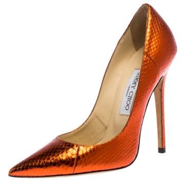 Pre Owned Jimmy Choo Metallic Bronze Python Embossed Leather Abel Pointed Toe Pumps Size 37.5