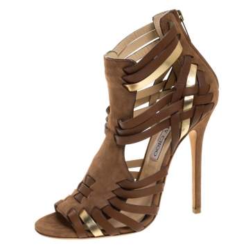 Pre Owned Jimmy Choo Brown Suede Leather Strappy Open Toe Sandals Size 37.5