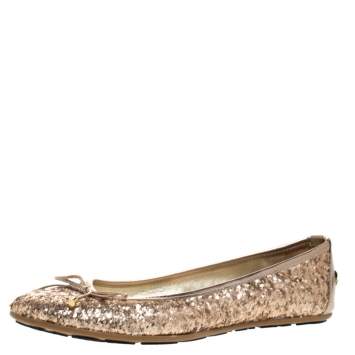 Pre Owned Jimmy Choo Gold Coarse Glitter Fabric Walsh Bow Ballet Flats Size 36