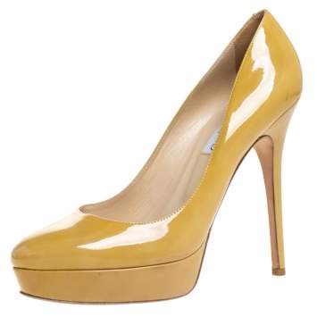 Pre Owned Jimmy Choo Light Mustard Patent Leather Cosmic Platform Pumps Size 40