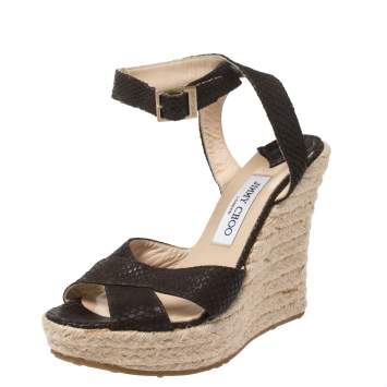 Pre Owned Jimmy Choo Brown Python Embossed Leather Ankle Wrap Phoenix Espadrille Wedges Size 38