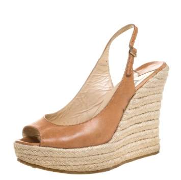 Pre Owned Jimmy Choo Brown Leather Polar Slingback Espadrille Wedge Sandals Size 38.5