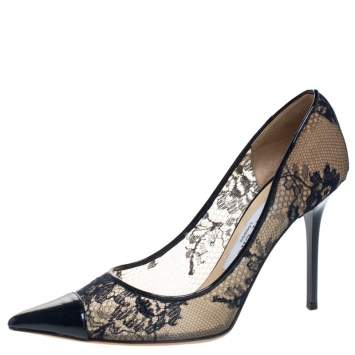 Pre Owned Jimmy Choo Blue Lace and Patent Leather Amika Cap Toe Pointed Pumps Size 36