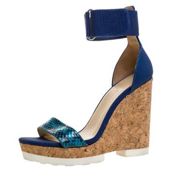 Pre Owned Jimmy Choo Blue Snakeskin and Leather Neston Platform Wedge Sandals Size 40.5