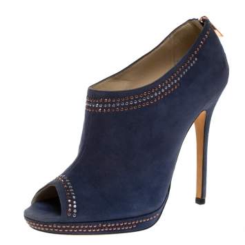 Pre Owned Jimmy Choo Blue Studded Suede Peep Toe Booties Size 39.5