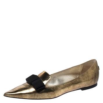 Pre Owned Jimmy Choo Metallic Gold Leather Gala Bow Ballet Flats Size 39