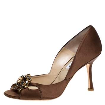 Pre Owned Jimmy Choo Dark Brown Satin Crystal Embellished Piazza Peep Toe Pumps 39