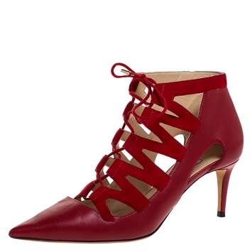 Pre Owned Jimmy Choo Red Suede and Leather Cut Out Pointed Toe Booties Size 39