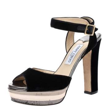 Pre Owned Jimmy Choo Black Velvet Ankle Strap Platform Block Heel Sandals Size 38