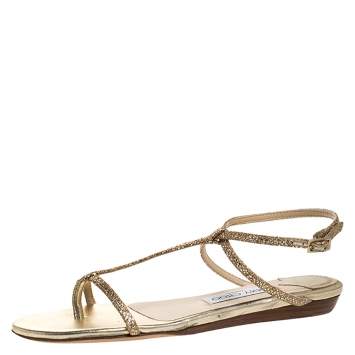 Pre Owned Jimmy Choo Gold Glitter Fabric Fiona T Strap Flat Sandals Size 36