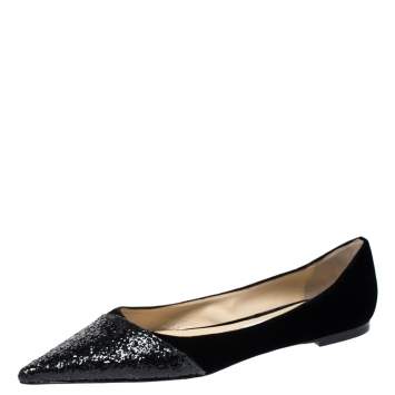 Pre Owned Jimmy Choo Black Glitter Fabric And Velvet Love Pointed Toe Flats Size 39