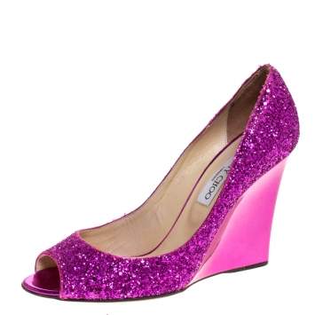 Pre Owned Jimmy Choo Pink Course Glitter Fabric Baxen Peep Toe Wedge Pumps 39