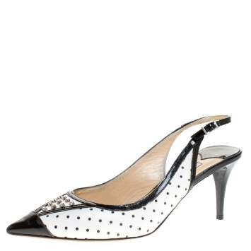 Pre Owned Jimmy Choo Monochrome Leather Embellished Slingback Sandals Size 36.5