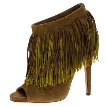 Pre Owned Jimmy Choo Olive Green Suede Fringe Detail Damita Boots Size 38