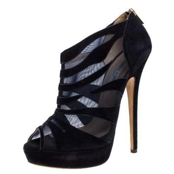 Pre Owned Jimmy Choo Black Suede Leather And Mesh Kerfield Peep Toe Platform Booties Size 40