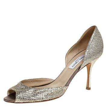 Pre Owned Jimmy Choo Glitter Champagne Logan D'orsay Peep Toe Pumps Size 39.5