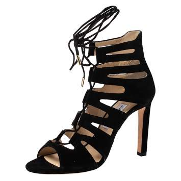 Pre Owned Jimmy Choo Black Suede Hitch Caged Sandals Size 38.5