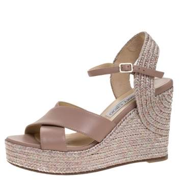 Pre Owned Jimmy Choo Pale Pink Leather Amely Espadrille Wedge Slingback Sandals Size 38.5