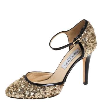 Pre Owned Jimmy Choo Metallic Gold Sequin and Leather Tessa Ankle Strap Sandals Size 36.5