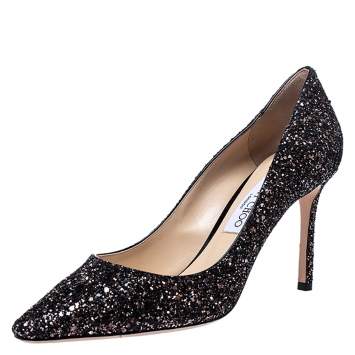 Pre Owned Jimmy Choo Black/Bronze Coarse Glitter Fabric Romy Pointed Toe Pumps Size 40