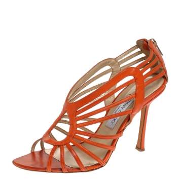 Pre Owned Jimmy Choo Orange Leather Strappy Open Toe Sandals Size 39.5