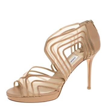 Pre Owned Jimmy Choo Beige Leather and Mesh Caged Open Toe Sandals Size 37.5