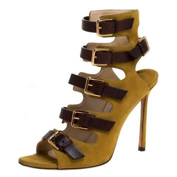 Pre Owned Jimmy Choo Yellow/Brown Suede And Leather Trick Caged Sandals Size 37.5