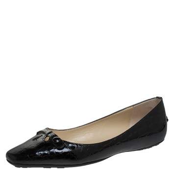 Pre Owned Jimmy Choo Black Croc Effect Patent Leather Ballerina Bow Flats Size 38