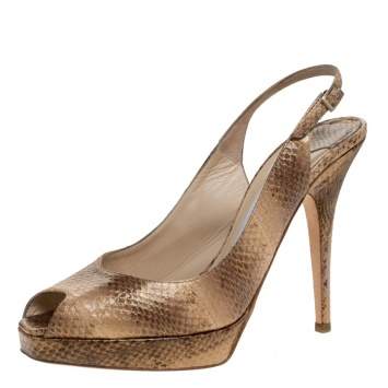 Pre Owned Jimmy Choo Gold Snakeskin Peep Toe Nova Slingback Sandals Size 37.5