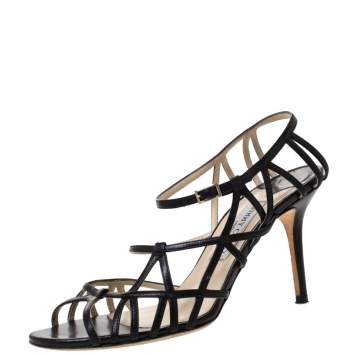Pre Owned Jimmy Choo Black Leather Strappy Ankle Strap Sandals Size 40.5
