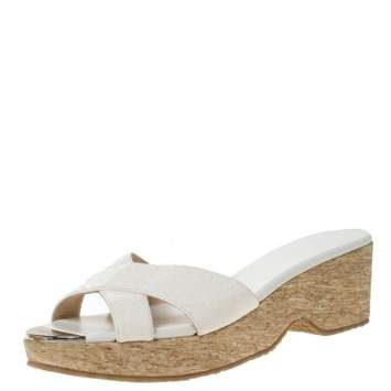 Pre Owned Jimmy Choo White Snakeskin Panna Cork Slides Size 40