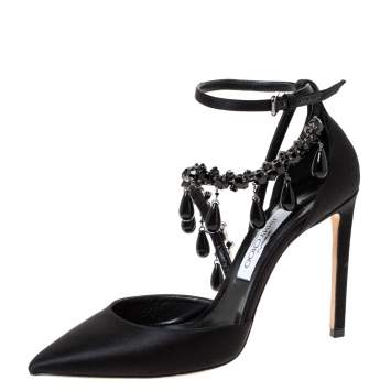 Pre Owned Jimmy Choo Black Satin Black Pearl Embellished Victoria Pumps Size 39
