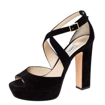 Pre Owned Jimmy Choo Black Suede Leather Strappy Platform Sandals Size 39