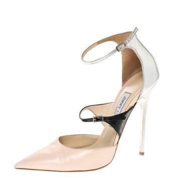 Pre Owned Jimmy Choo Beige/Silver Leather Typhoon Strappy Pointed Toe Pumps Size 38.5