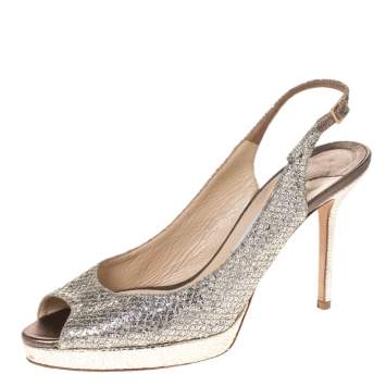 Pre Owned Jimmy Choo Metallic Gold Glitter Nova Peep Toe Platform Slingback Sandals Size 40