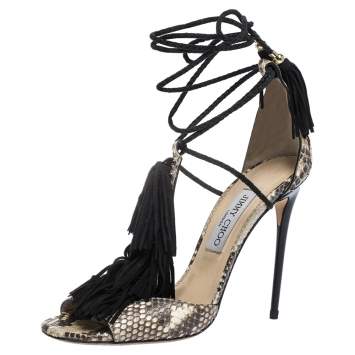 Pre Owned Jimmy Choo Multicolor Python And Suede Tassel Embellished Mindy Ankle Wrap Sandals Size 39
