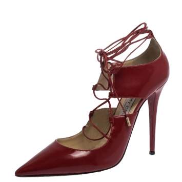 Pre Owned Jimmy Choo Red Leather Hoops Ankle Wrap Pumps Size 39