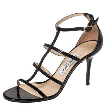 Pre Owned Jimmy Choo Black Patent Leather Dory Caged Sandals Size 36