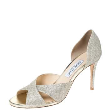Pre Owned Jimmy Choo Silver Glitter Fabric Lara Open Toe Sandals Size 40