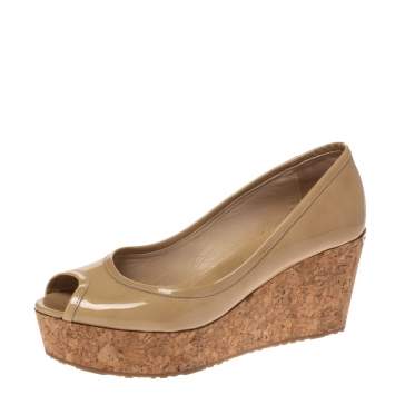 Pre Owned Jimmy Choo Nude Patent Parley Cork Wedge Pumps Size 37.5